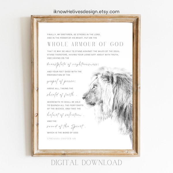 Armour of God Wall Art Printable Ephesians 6 KJV Modern Christian Scripture Childs Room Bible Verse Decor Minimalist Faith Lion Sword Truth