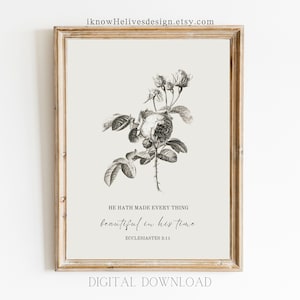 Neutral Nursery Floral Print In His Time Ecclesiastes 3:11 KJV Scripture Wall Art Christian Bible Verse Gift Minimal Vintage Girls Room