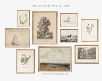 Christian Neutral Gallery Wall, Vintage Home Decor, Scripture Print, Landscape Painting, Living Room Wall Art, Minimal Decor, Boho Aesthetic