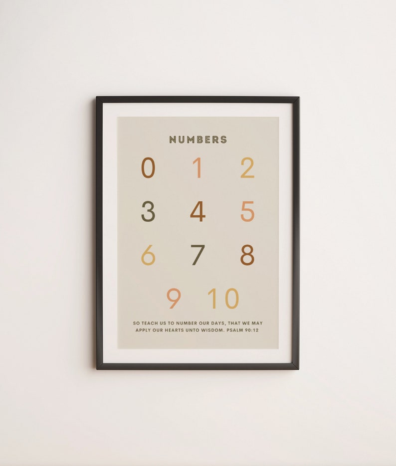May include: A framed print with a beige background and black frame. The print features the numbers 0-10 in different shades of brown, orange, and green. The text "NUMBERS" is at the top of the print. The bottom of the print includes the quote "SO TEACH US TO NUMBER OUR DAYS, THAT WE MAY APPLY OUR HEARTS UNTO WISDOM. PSALM 90:12"