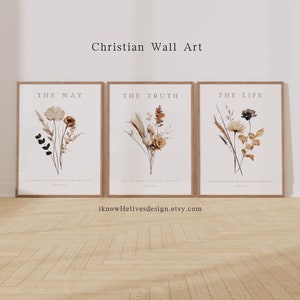 The Way The Truth The Life, Christian Wall Art, Wildflowers, John 1:4 8 32 14 6, Modern Christian Print, Set of 3, Scripture Art KJV, Floral
