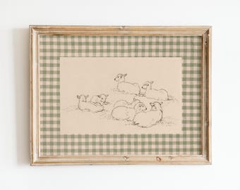 Christian Vintage Wall Art, Green Gingham, Cottage Core Home Decor, Nursery Scripture Print, Bible Verse Art, Printable, Lamb Drawing, Plaid