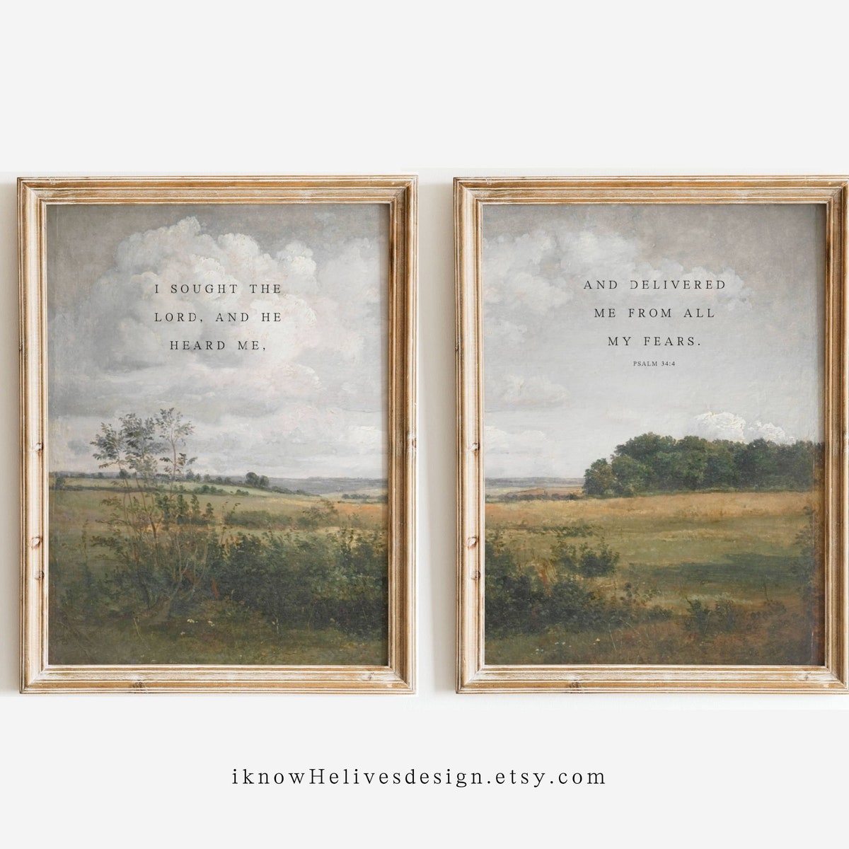 Christian Wall Art, Scripture Home Decor, Psalm 34:4 KJV, Set of Two, Landscape Painting, Cottage Core, Aesthetic, Bible Verse, Fear Comfort