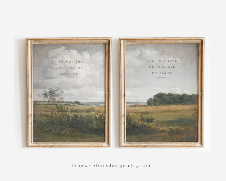 Cottage Scripture Image Christian Wall Art, Scripture Home Decor, Psalm 34:4 KJV, Set of Two ...