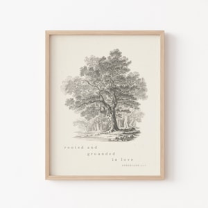 May include: A black and white illustration of a tree with the text "rooted and grounded in love Ephesians 3:17" printed below the image.
