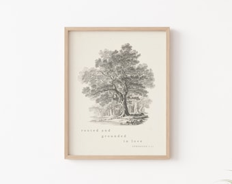 Arte mural cristiano neutro, decoración vintage, boceto de árbol, arraigado en el amor, Efesios 3:17 (RVR1960), arte minimalista de las Escrituras, impresión moderna de versículos bíblicos.