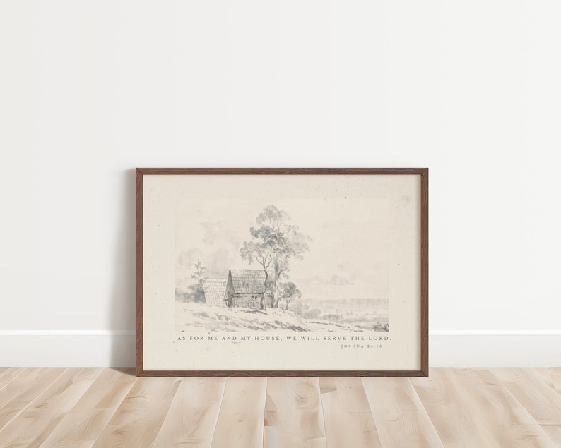 Neutral Christian Wall Art, Vintage Decor, House Sketch, My House Serve the Lord, Joshua 24:15 KJV, Minimal Scripture Art, Bible Verse Print
