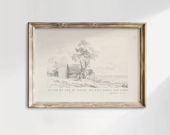 Neutral Christian Wall Art, Vintage Decor, House Sketch, My House Serve the Lord, Joshua 24:15 KJV, Minimal Scripture Art, Bible Verse Print