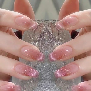Handmade Light Pink & Champagne Gold Color Change Blush Cat Eye Press On Nails Pink Nails Champagne Nails Cat Eye Nails Coffin Nails