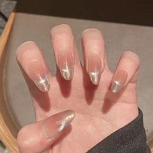 Handmade Sunset Silver Aurora French Cat Eye Press On Nails Aurora Nails Cat Eye Nails Gel Nails Short Nails