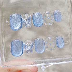Handmade Light Sea Blue Butterfly Glass Bead Cat Eye Press On Nails Cute Nails Cat Eye Nails Kawaii Nails Short Nails Nature Nails