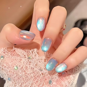 Handmade Blue Aurora Fantasy Color Unicorn Gradient Cat Eye Press On Nails Aurora Nails Colorful Nails Cat Eye Nails Short Oval Nails