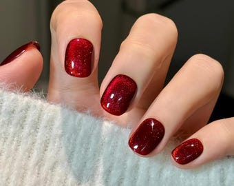 Uñas postizas hechas a mano con diseño de ojo de gato rojo misterioso Uñas Aurora Uñas de ojo de gato con piedras preciosas rojas Uñas de ojo de gato rojas Uñas cortas