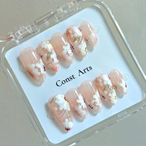 Unhas de pressão com flores pintadas à mão Unhas de verão Unhas de primavera Unhas florais Unhas de casamento Unhas amendoadas
