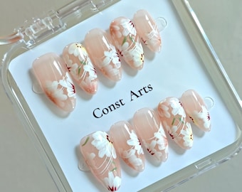Handmade Painted Flowers Press On Nails Summer Nails Spring Nails Floral Nails Wedding nails Almond Nails