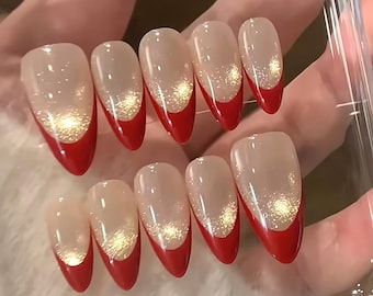 Handmade Red French Light Champagne Chasing Light Cat Eye Press On Nails Gentle Nails Cat Eye Nails Party Nails Almond Nails