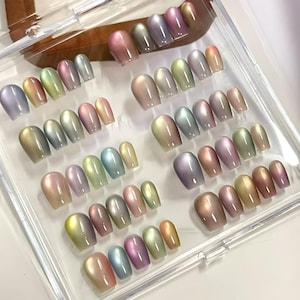 Handmade Rainbow Fantasy Cat Eye Press On Nails Cat Eye Nails Rainbow Nails Colorful Candy Nails Short Nails