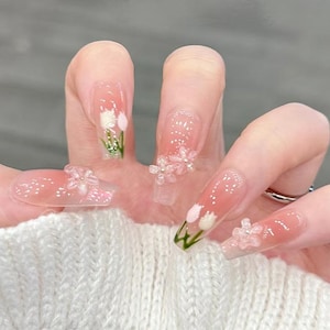 Handmade Pink Tulips 3D Flower Press On Nails Flower Spring Nails Pink Nails Floral Nails Coffin Nails