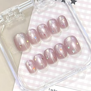 Handmade Pink Star Cat Eye Press On Nails Aurora Nails Pink Gemstone Nails Pink Cat Eye Nails Star Nails Short Nails
