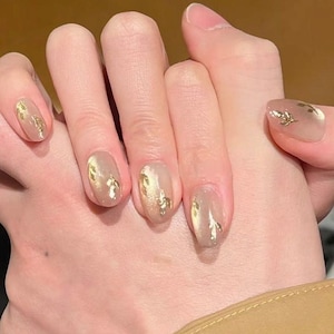 Handmade Gilding Gold Leaves Gold Glitter Glass Bead Cat Eye Press On Nails Cat Eye Nails Gold Nails Gilding Nails Short Nails Oval Nails