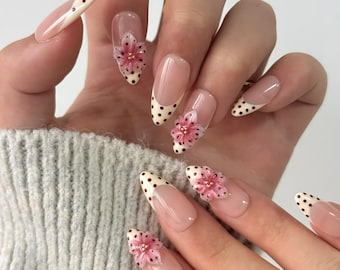 Fleurs 3D à pois faites à la main Appuyez sur les ongles Ongles à fleurs Ongles à fleurs roses Ongles en amande