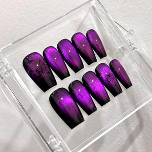 Handmade Purple Butterfly Secret Realm Cat Eye Press On Nails Aurora Nails Nails Purple Cat Eye Nails Coffin Nails Short nails