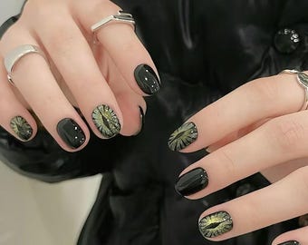 Handmade Black Yellow Green Gradient Devil's Eye Starry Cat's Eye Press On Nails Black Knight Nails Cat Eye Nails Short Nails