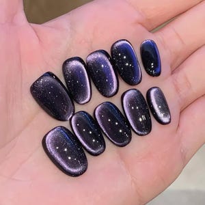 Handmade Purple Galaxy Cat Eye Press On Nails Aurora Nails Purple Gemstone Cat Eye Nails Purple Cat Eye Nails Short Nails