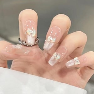 Handmade Aurora Gem Glitter French Cat Eye Press On Nails Glitter Nails French Nails Cat Eye Nails Moonlight Nails Coffin Nails