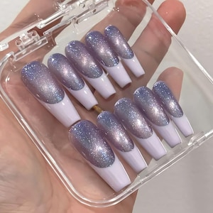 Handmade Fantasy Purple Galaxy Cat Eye French Press On Nails Aurora Nails Purple Gemstone Nails Purple Cat Eye Nails Long Coffin Nails