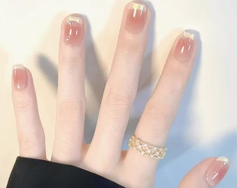 Handmade Cute Blush Gradient French Press On Nails Pink Nails Gold French Nails Short Nails