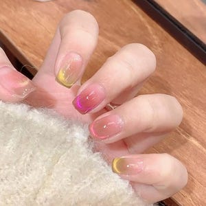 Handmade Dopamine Rainbow Cat Eye Press On Nails Cat Eye Nails Rainbow Nails Short Nails
