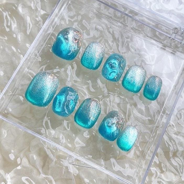 Handmade Ocean Waves Gem Rhinestone Silver Blue-green Cyan Cat Eye