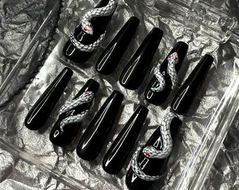 Black & White Snake Press On Nails: Handmade Goth Halloween Long Nails