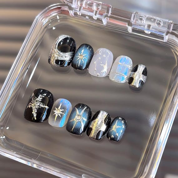 Handmade Blue & Black Stars Metal Punk Style Press On Nails Aurora Nails Y2K Nails Short Nails Almond Nails