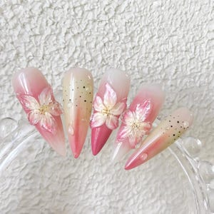 Handmade Painted Blush Ice Lily Flower Press On Nails Summer Nails Spring Nails Flower Nails Long Nails