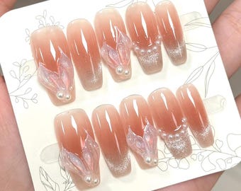 Handgefertigte Blush Französische Katzenauge Meerjungfrau Perlen Press On Nails Luxusnägel Hochzeitsnägel Cat Eye Nägel Coffin Nägel