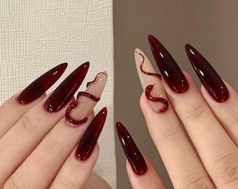 Handmade Dark Red Snake Press On Nails Snake Nails Dark Nails Goth Nails Long Nails Halloween Nails