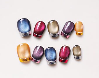 Handmade French Colorful Cat Eye Press On Nails Aurora Nails Metal French Nails Cat Eye Nails Reusable Gel Nalis Short Nails