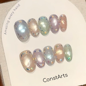 Handmade Summer Fantasy Colorful Cat Eye Press On Nails Gentle Nails Shiny Nails Cat Eye Nails Short Oval Nails