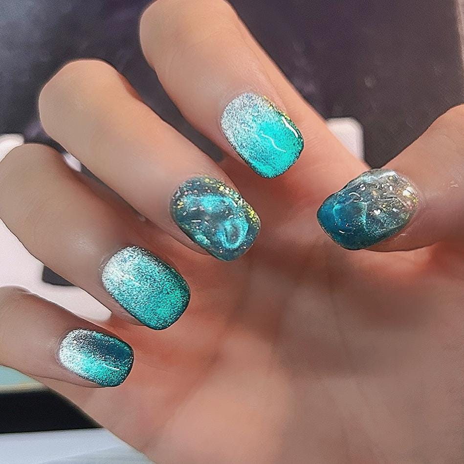 Handmade Ocean Waves Gem Rhinestone Silver Blue-green Cyan Cat Eye