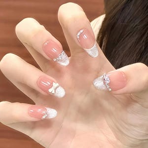 Handmade Ice Crystal Bow Light Gold  French Cat Eye Press On Nails Glitter Nails Gem Nails Cat Eye Nails Oval Nails