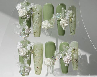 Handmade Green White Camellia Flower Clear Butterfly Wedding Press On Nails Wedding Nails Camellia Nails Bride Nails Long Coffin Nails