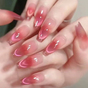 Handmade Cherry Red Blush Pink Cat Eye Aurora Press On Nails Blush Nails Cat Eye Nails Coffin Nails