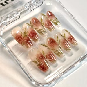 Handmade Painted Rose Garden Floral Press On Nails Flower Nails wedding Nails Dating Nails Summer Nails Coffin Nails Almond nails