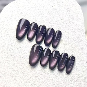 Unhas de pressão olho de gato roxo estrelado feito à mão Aurora Nails Unhas de olho de gato roxo Galaxy Unhas de olho de gato roxo Unhas curtas Unhas ovais
