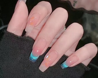 Handmade Galaxy Blue Cat Eye Ombre Aurora Gem Press On Nails Ombre Nails Blue Nails Cat Eye Nails Gem Nails Coffin Nails