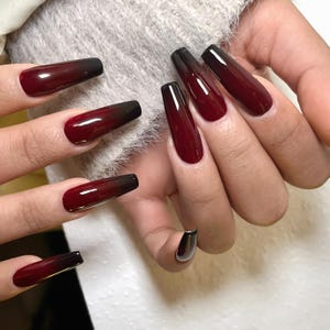 Handmade Black & Dark Red Ombre Press On Nails Ombre Nails Red Nails Simple Nails Daily Nails Long Nails Coffin Nails