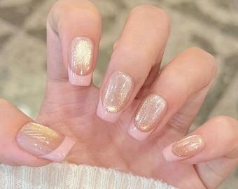 Handmade Light Pink French Floating light Cat Eye Press On Nails Pink Princess Nails Almond Nails Short Nails