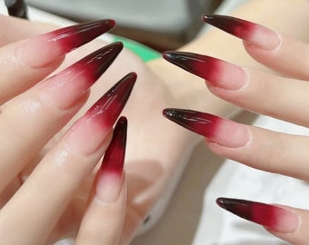 Handmade Dark Red Ombre Press On Nails Ombre Nails Red Nails Simple Nails Daily Nails Long Nails Stiletto Nails